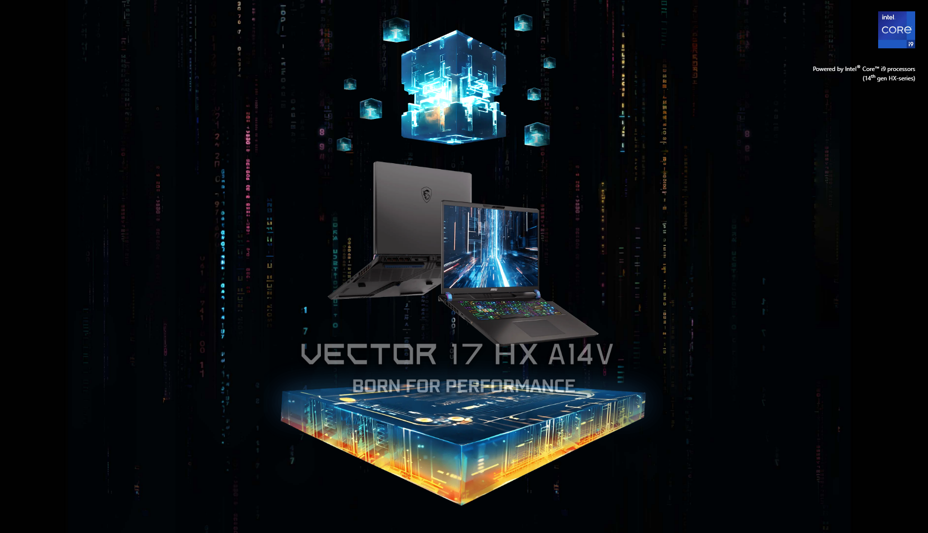 A large marketing image providing additional information about the product MSI Vector 17 HX (A14V) - 17" 240Hz, 14th Gen i9, RTX 4070, 32GB/2TB - Win 11 Gaming Notebook - Additional alt info not provided